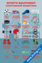 плакат по английскому языку со спортивным инвентарём и переводом на русский, включает изображения и названия предметов спорта